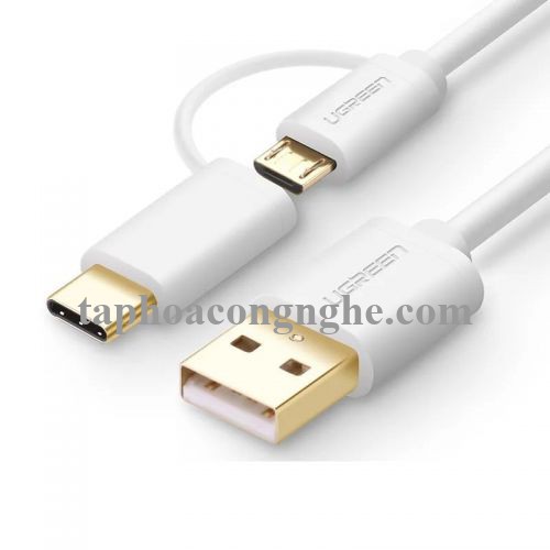 Ugreen 30170 0.5M màu trắng Cáp USB-A sang Micro USB + USB-C cao cấp US142 30030170